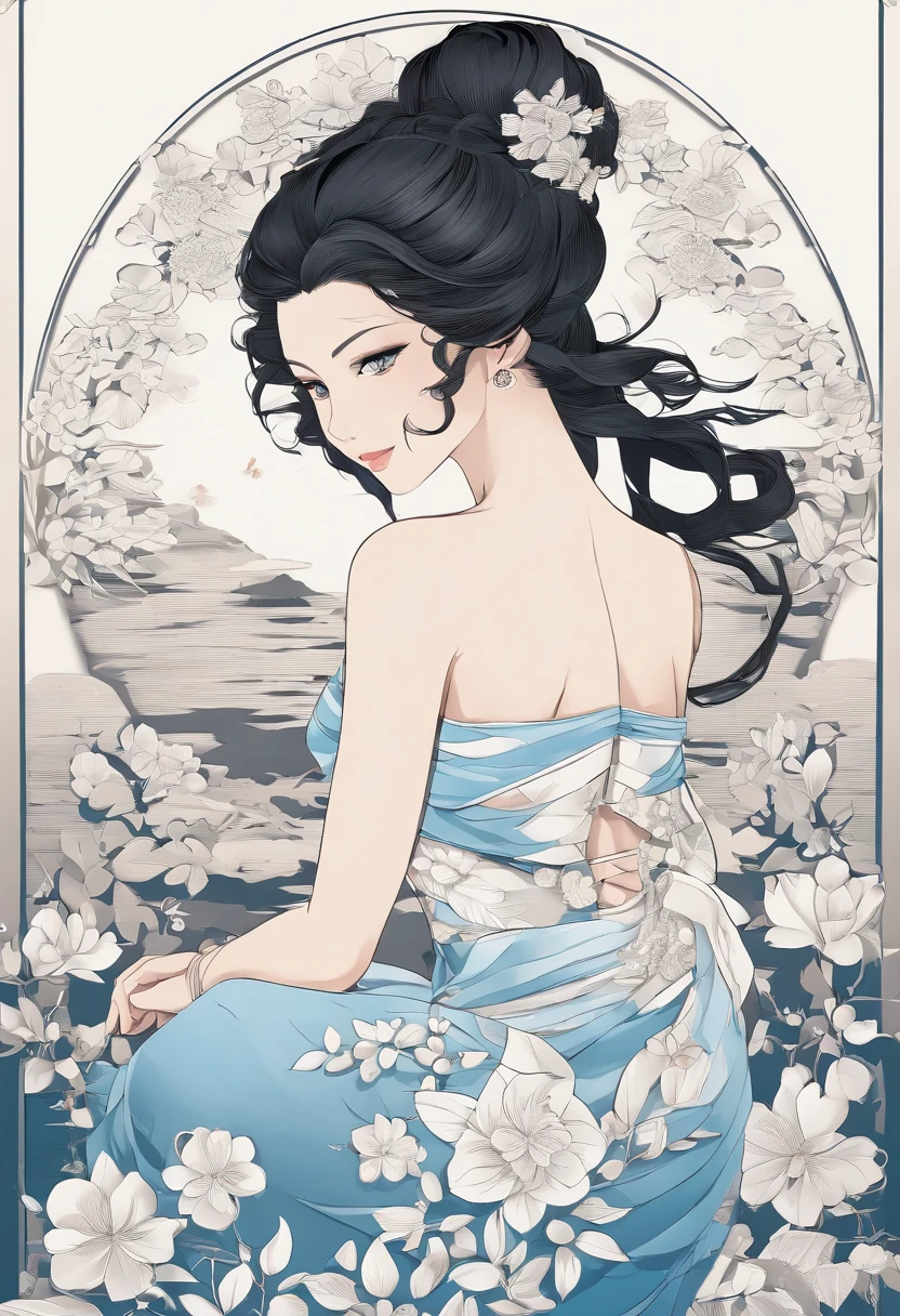 (masterpiece, top quality, best quality, official art, beautiful and aesthetic:1.2),1girl, tattoo, solo, japanese clothes,  hair ornament, unsheathing, black hair, sheath, back tattoo, blue eyes,  off shoulder, bare shoulders, looking back, from behind, flower, looking at viewer,  holding, makeup,
indoor,