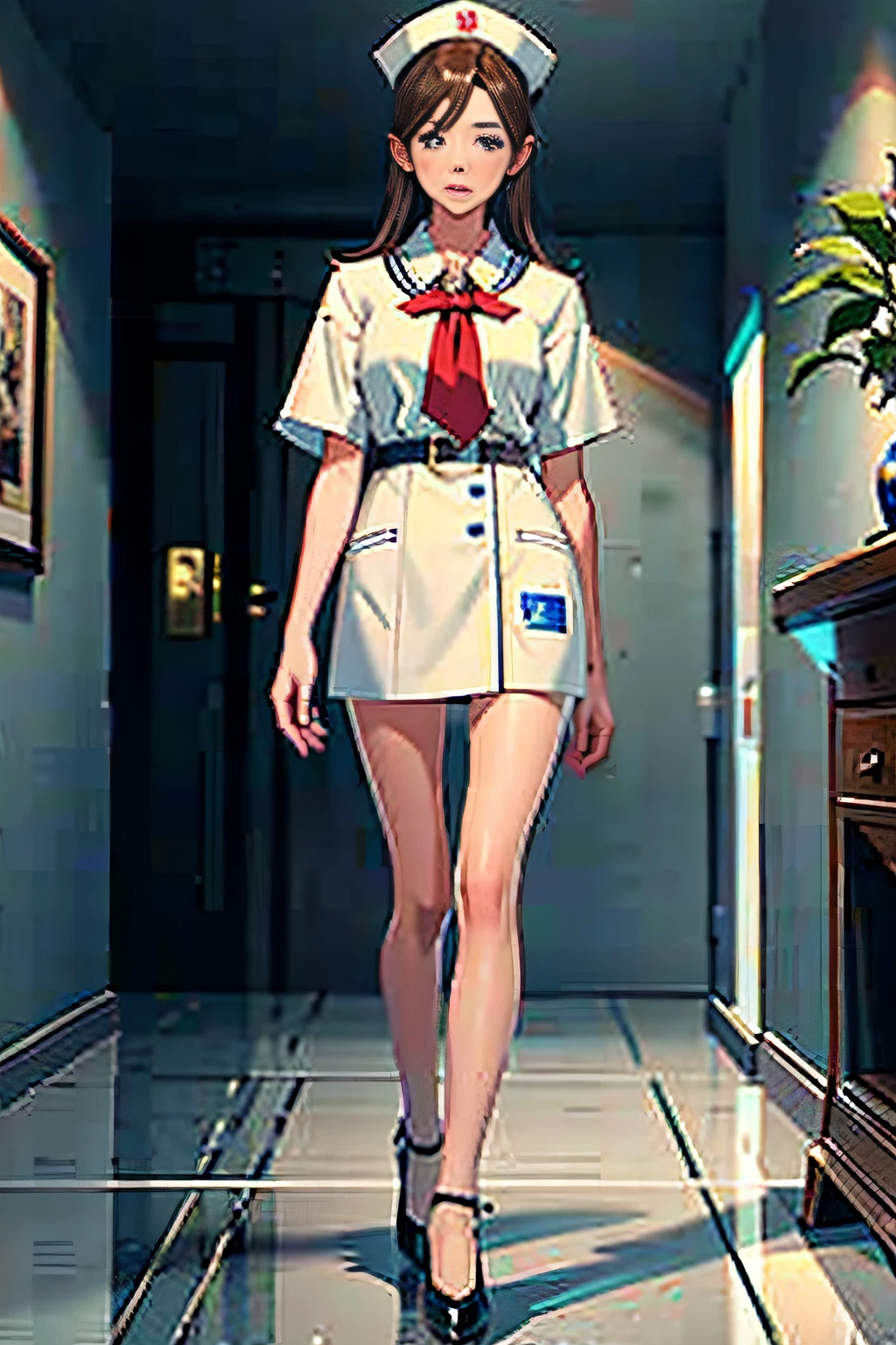 1 girl with pure desire,standing on your feet,Wear a nurse's uniform,Charming looking,Feminized facial features,mesmerizing eyes,Straight hair,A calm posture,Porcelain-like skin,Subtle blush,a white wall,ultra - detailed,offcial art,统一 8k 壁纸,2.5D thick coating,Characters shrink,fully body photo,Wear high heels