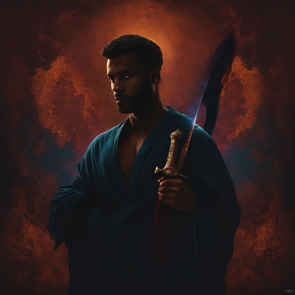 Man holding a sword made of darkness,capuz preto