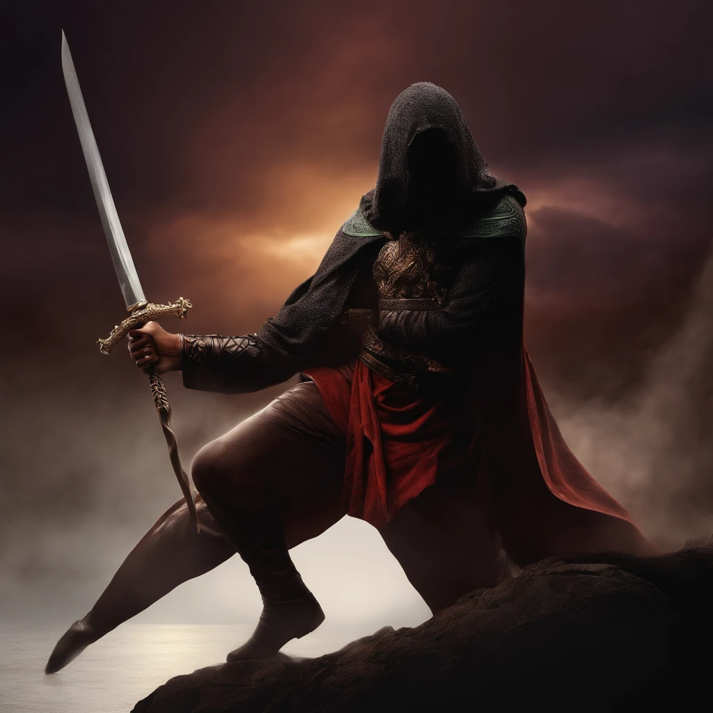 Man holding a sword made of darkness,capuz preto