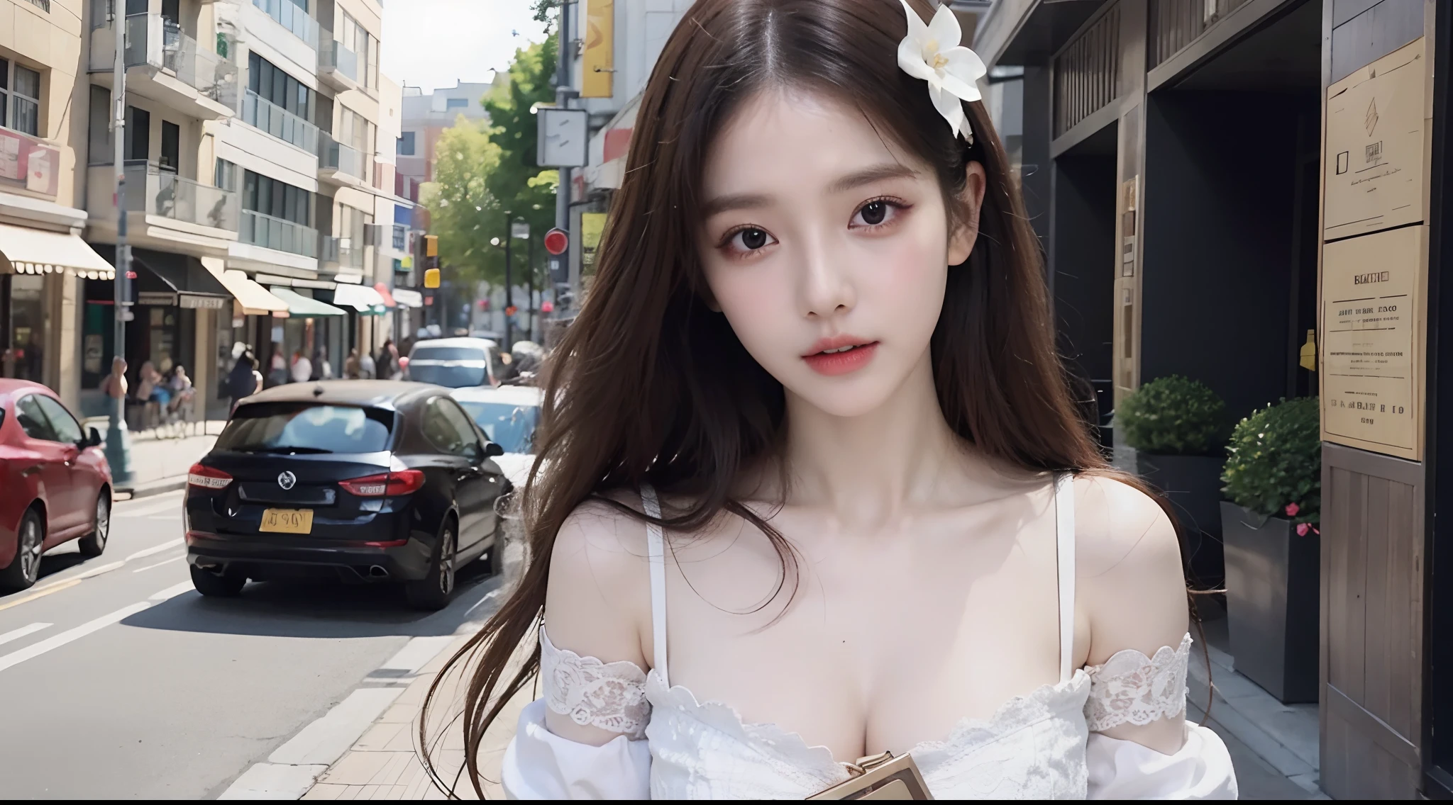 (High-resolution 8K raw photos are realistic,best qualtiy)，Fashion trendy beautiful and charming woman，gentle and charming Chinese beautiful woman，Korea,Kpop idol，delicate and sexy collarbones，charming oval face，二重まぶた，Ingenious[peaches]flower eyes，redish pink lips，small-nose，exposed bare shoulders，focus at face，closeup of face，Hyper-detailing，Blue off-the-shoulder long-sleeved top，White hip wrapped skirt，Light red hair，(Background bokeh，cleavage，A half body，中景 the scene is，Solo)，Lace，lacing，head gear， Fresh and impressive， natural color，(pedestrian street，cbd,rays of sunshine，outside，Stone table，LV shoulder bag for women，cellular phone)，Front light