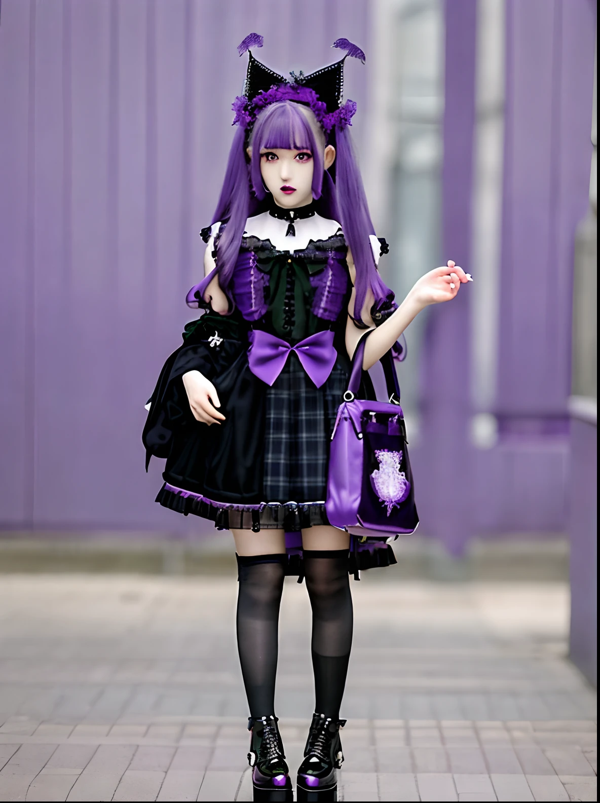/*Quality sentences*/
of the highest quality, 16 K, masterpiece, hyperdetailed face, very detailed lips, Detailed eyes, Realistic pupils,
BREAK,
/*Characters and expressions*/
Extremely Beautiful Girl, Japanese girl, 1 girl, Light on Face, flipped hair, (purple highlight hair:1.5), blunt bangs, (detailed black eyes:1.4), (heavy eye makeup:1.1), (red lips:1.3), (((very sweet smile))),
BREAK
/*garments*/
jirai kei, jirai fashion, triangular collar, ((all out blue lace blouse)) , all bijoux heart picot frills ribbon, gingham check black Flared Skirt, (blue lace blouse:1.5), lantern sleeves, black flare skirt, (((fishnet pantihose))), black thick soled sandals, frills, lace,
BREAK
/*pose*/
(Lift the hem of the skirt, Lift the hem of the skirt with both hands, Lift the hem of the skirt yourself), nice hands, perfect hands, ((lace panties)),
BREAK
/*Angular posture*/
Tokyo street, looking at viewer