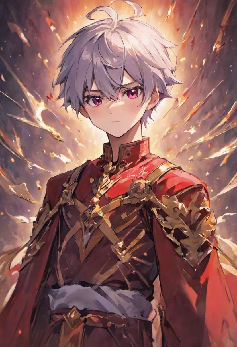 Describe a teenage boy with silver hair And dark red eyes. Wearing royal clothes and a typical black and purple sword