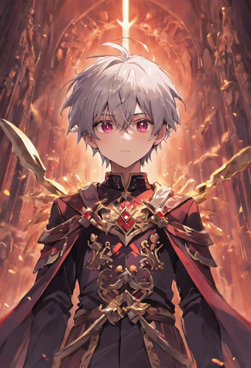 Describe a boy with silver hair And dark red eyes. Wearing royal clothes and a typical black and purple sword