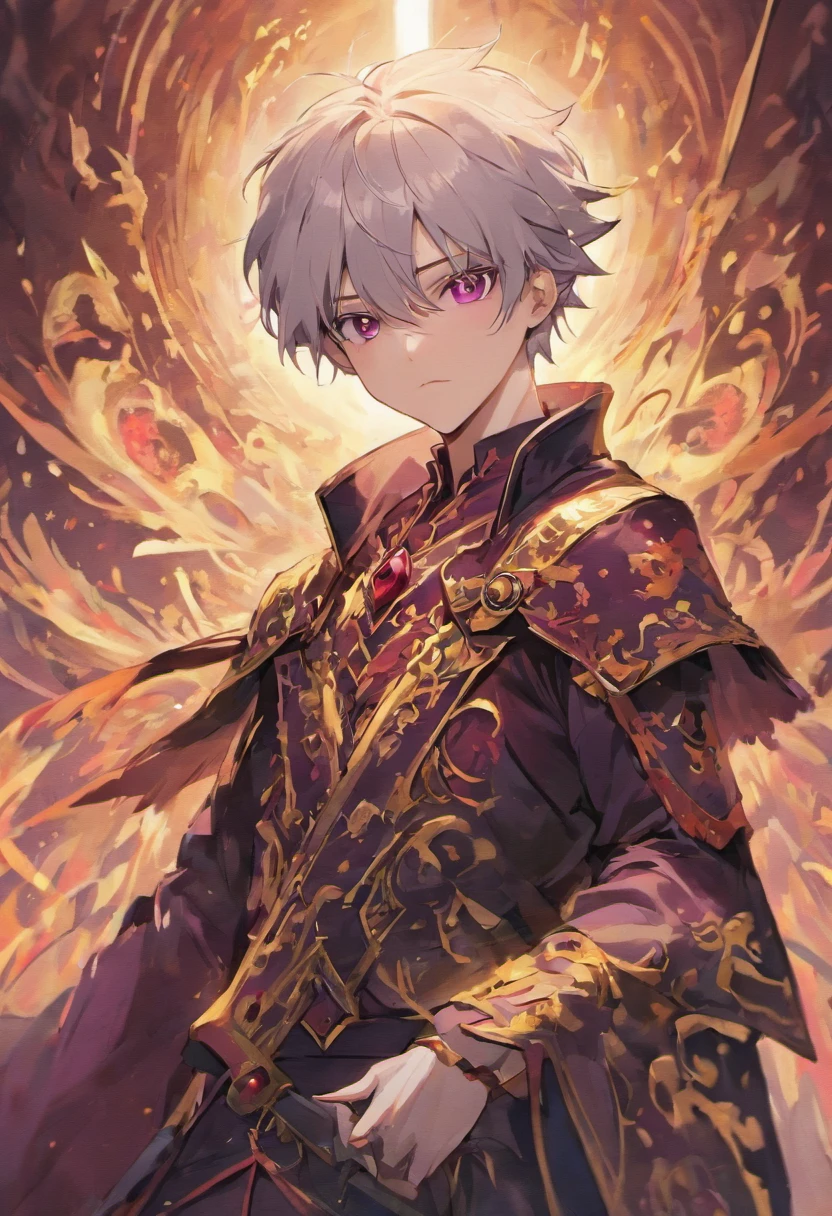 Describe a teenage boy with silver hair And dark red eyes. Wearing royal clothes and a typical black and purple sword