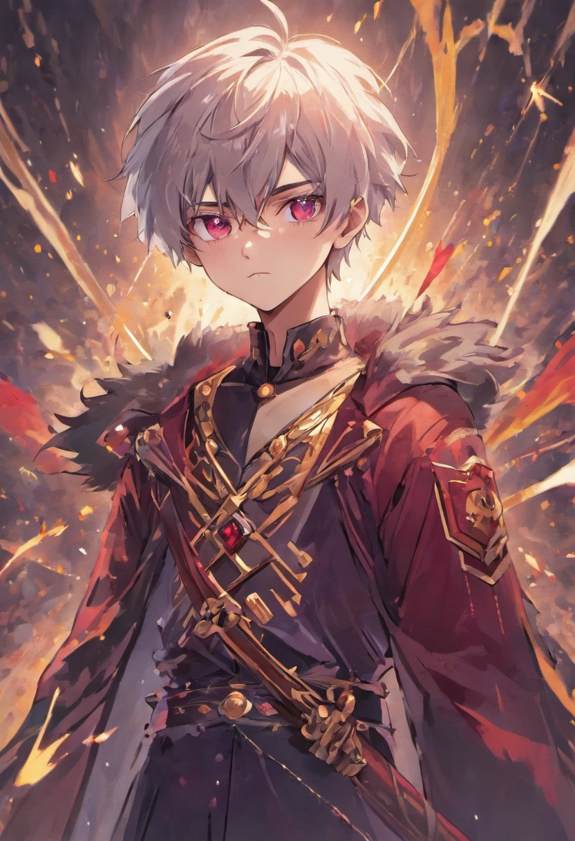Describe a teenage boy with silver hair And dark red eyes. Wearing royal clothes and a typical black and purple sword