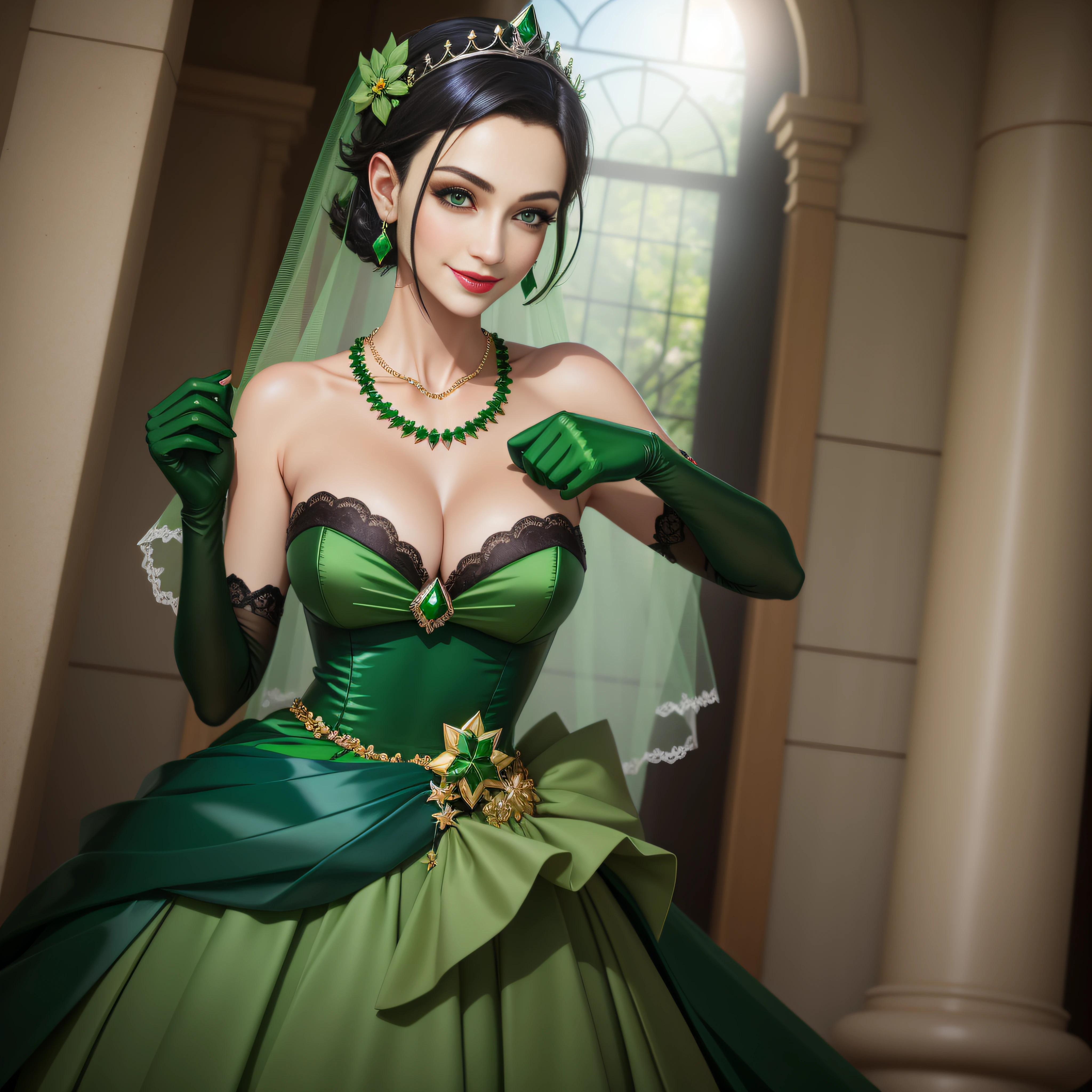 Boyish very short black hair, lipsticks, Japan woman smiling, Green Long Grove, Long green gloves made of satin material, lipsticks, Japan woman smiling, Satin green long gloves,　emerald tiara, Green Pearl Necklace, verd s eyes, Green eyes, Long green gloves made of satin material, big breasts beautiful, Green Bridal Veil, Emerald Earrings, Green dress, Green eyes
