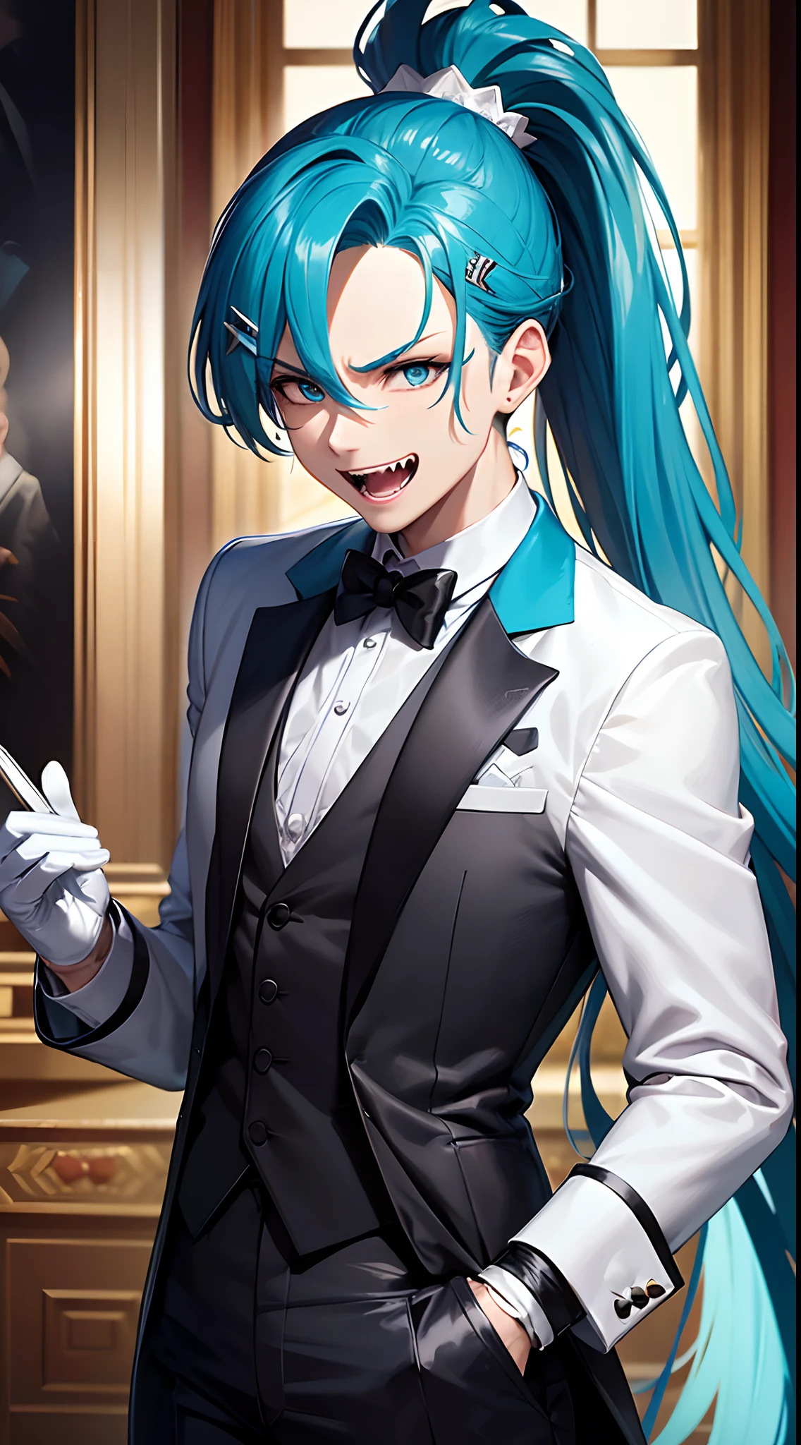 8k, masterpiece, extreme detail, expressive clothing, expressive hair, expressive face, 1male, ponytail turquoise hair, hairclip, blue eyes, tuxedo, white gloves, black pants, laughing, sharp fangs, luxury, mansion