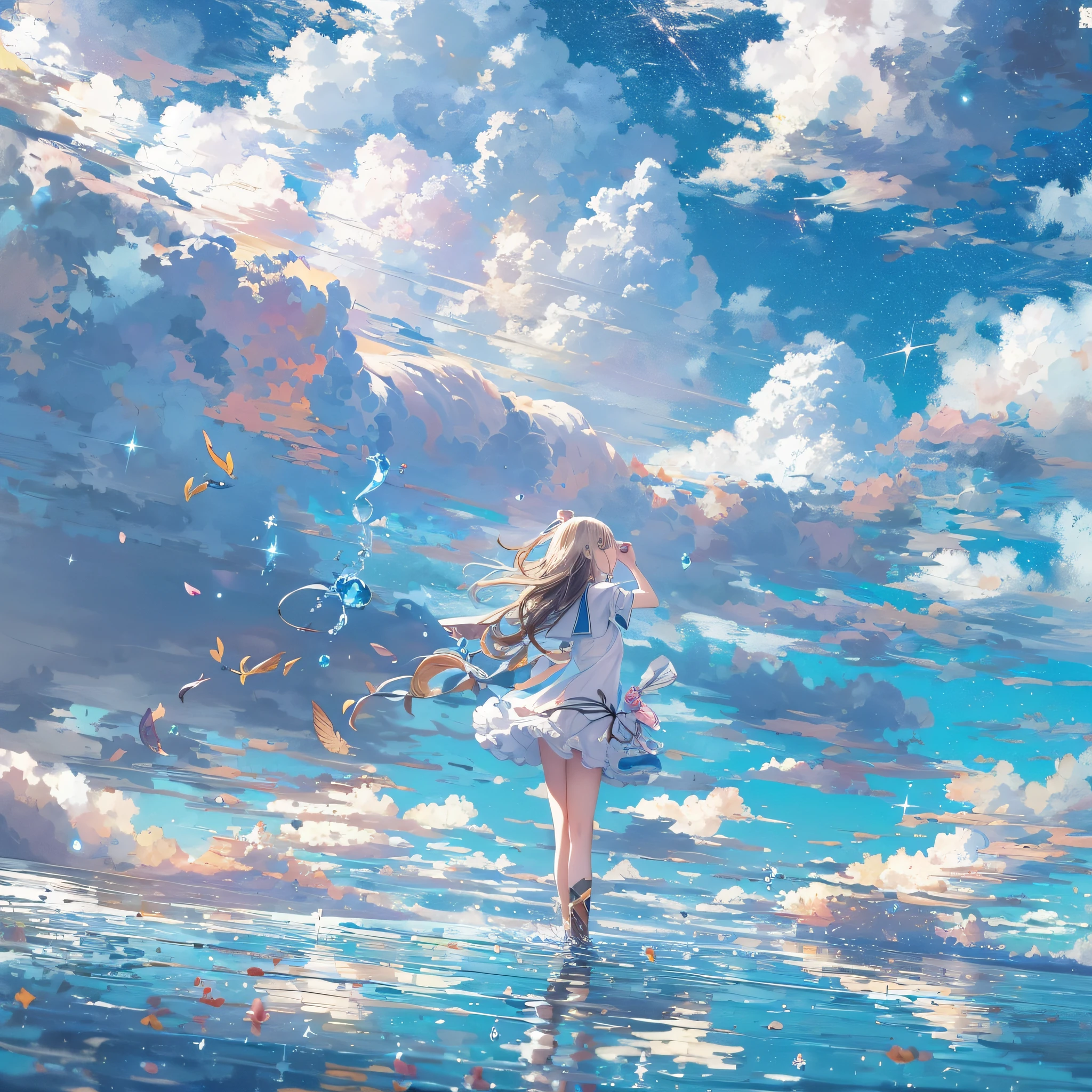 The whole body is shown、Salar de Uyuni、Summer、(((High Girls)))、back shots、(((perspiring)))、exteriors、A blue sky、Into the cloud、((((((High School))))))、(((A low-angle)))、professional photograpy、((最好质量))、(Fine face in detail:1)、(tmasterpiece:1)、Best Illumination, Best Shadow, extreamly delicate and beautiful}, {{only water}}, Clear and turquoise sky, Water as smooth as a mirror, petal, There are clouds where water and sky connect, {Colorful clouds}, depth of field, Beautiful detailed sky, Cyan sky, beautiful detailed cloud, beautiful detailed water, reflection pool, {{{the Extremely Detailed CG Unity 8K Wallpapers, Maste Piece, Best Quality, Ultra-detailed}}}, Dynamic Angle, floating, finely detail, {bloom}, {Shine}, (((Sparkling starry sky))), feather,Nature,{Sunlight}, Fairyland