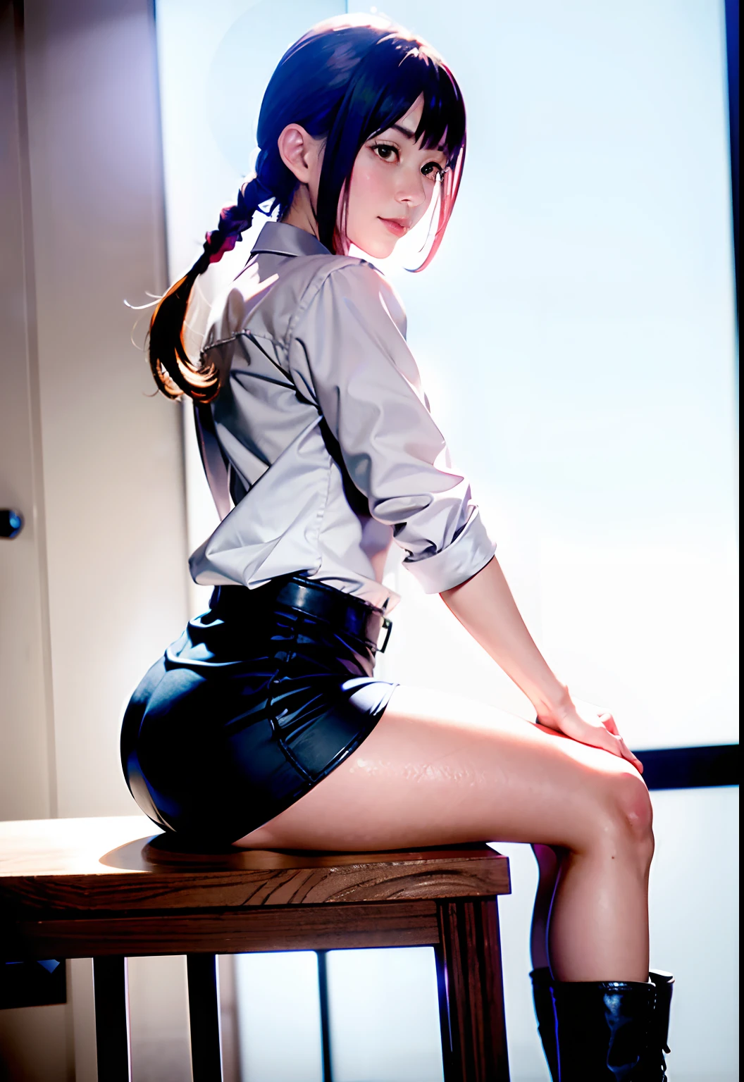 8k, RAW portrait (japanese woman),masterpiece、Photoreal:1.3、realistic, ultra high resolution, highest quality, real life photos ,( in the evening :1.1), (((A girl lifts up her skirt and shows her butt in the room)))、((Please lie on your stomach.:1.5))、(beautiful face:1.1),((Japanese high school girl))、((genuine ))、((Japanese high school uniform:1.6))、(pleated skirt)、In the classroom、 ((dark brown eyes:1.2))、(realistic skin texture:1.3)、(An immersive atmosphere:0.8、chiaroscuro:1.2) 、(look viewer:1.3)、((embarrassed look))、((blush:1.3))、((from belowの天井:1.2))、(smile:1.2)、((((wearing very small silk lace panties))))、((Pussy penetration panty shot:1.4)))、((woman rolling up her skirt))、((from below:1.4))、((close up of butt:1.42))、((hip shot))、((spread your legs to the side:1.4))