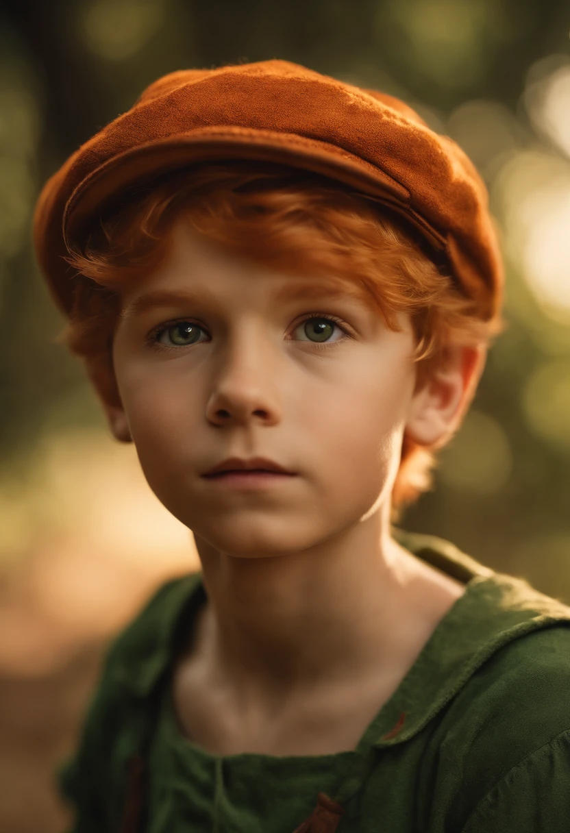 masterpiece, best quality, 1boy, peter pan, solo, closeup, short hair, orange hair, green collared shirt, short sleeves, hat feather, male focus, pointy ears,upper body