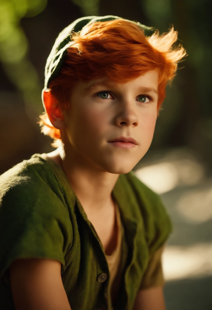 masterpiece, best quality, 1boy, peter pan, solo, closeup, short hair, orange hair, green collared shirt, short sleeves, hat feather, male focus, pointy ears,upper body