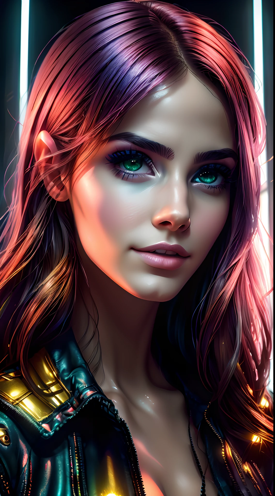 ((1girl)), ((A beautiful girl holding a cell phone)), high resolusion (4k, 8k), con un estilo realista, y un ambiente cyberpunk. (((cuerpo completo)), (pezones marcados)), pelo blanco puro con mechas naranjas, pelo corto, ((ojos verdes intensos)), The image must have a high level of detail and a quality score of 1.2,(CinematicLight: 1.1), DSLR, alta calidad, Trazado de rayos, NVIDIA RTX, Super-Resolution, Film grain, foco nítido: 1. 2, ((cabello voluminoso completo)),  Lighting should be temperamental and futuristic. escenario detallado, reflejos de neon en la escena, suelo mojado,