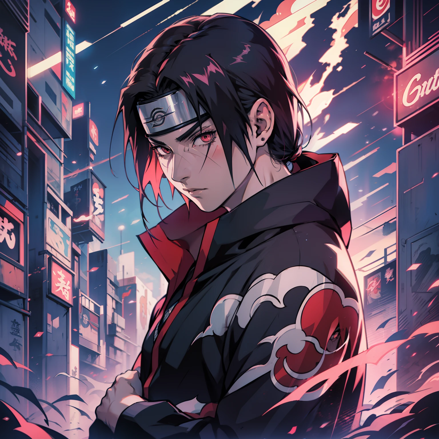 Uchiha Itachi,  estilo anime, Synthwave, corpo inteiro, 8k, altamente detalhado, obra prima, HD