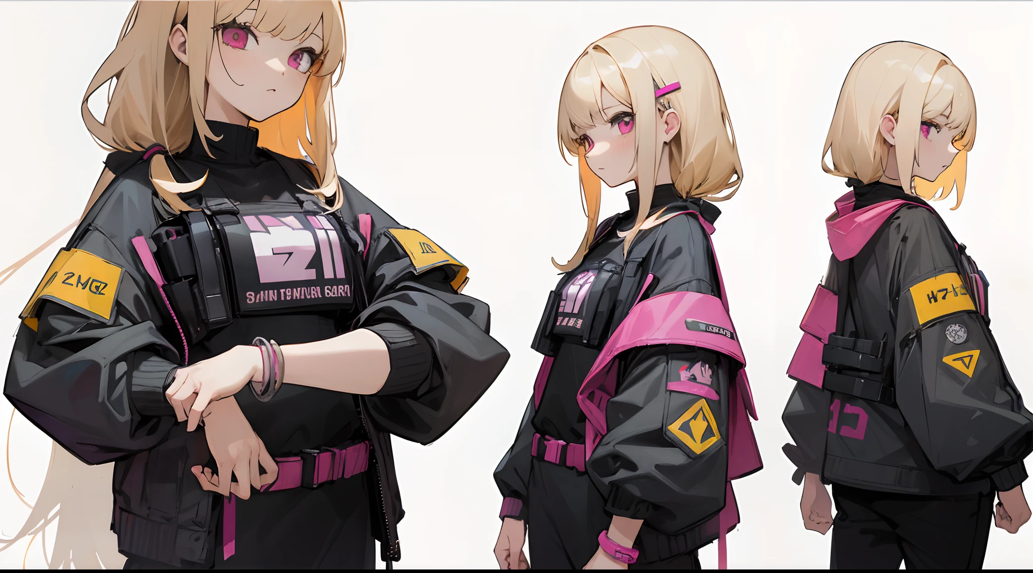 Masterpiece: 1.6, best quality: 1.4, live image: 1.2, intricate details: 1.2, graphicsournerv2: 1.2, petite girl, blonde hair, blonde woman, hairlong, bright pink eyes, pastel colours, big breastes, Cute hair clips, tattoos on body, bracelets on hands, The clothes: Modern clothes, Cyberpunk outfit, (single background, white background: 1.3), multiple views, multiple views of the same character with the same outfit: 1.3.