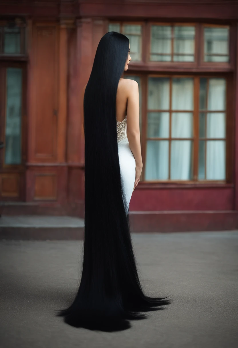 Back view of woman with straight black hair super long hair