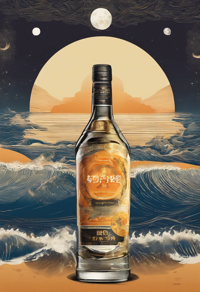 Noisy record covers,The main object is a bottle of high-end liquor,The background is the moon and the sea,The main color is warm,Simple style