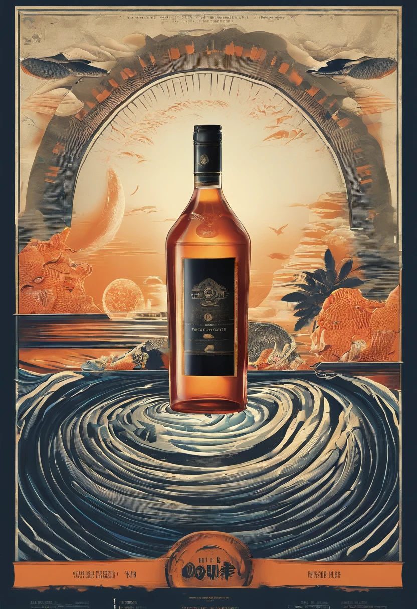 Noisy record covers，The main object is a bottle of high-end liquor，The background is the moon and the sea，The main color is warm，Simple style