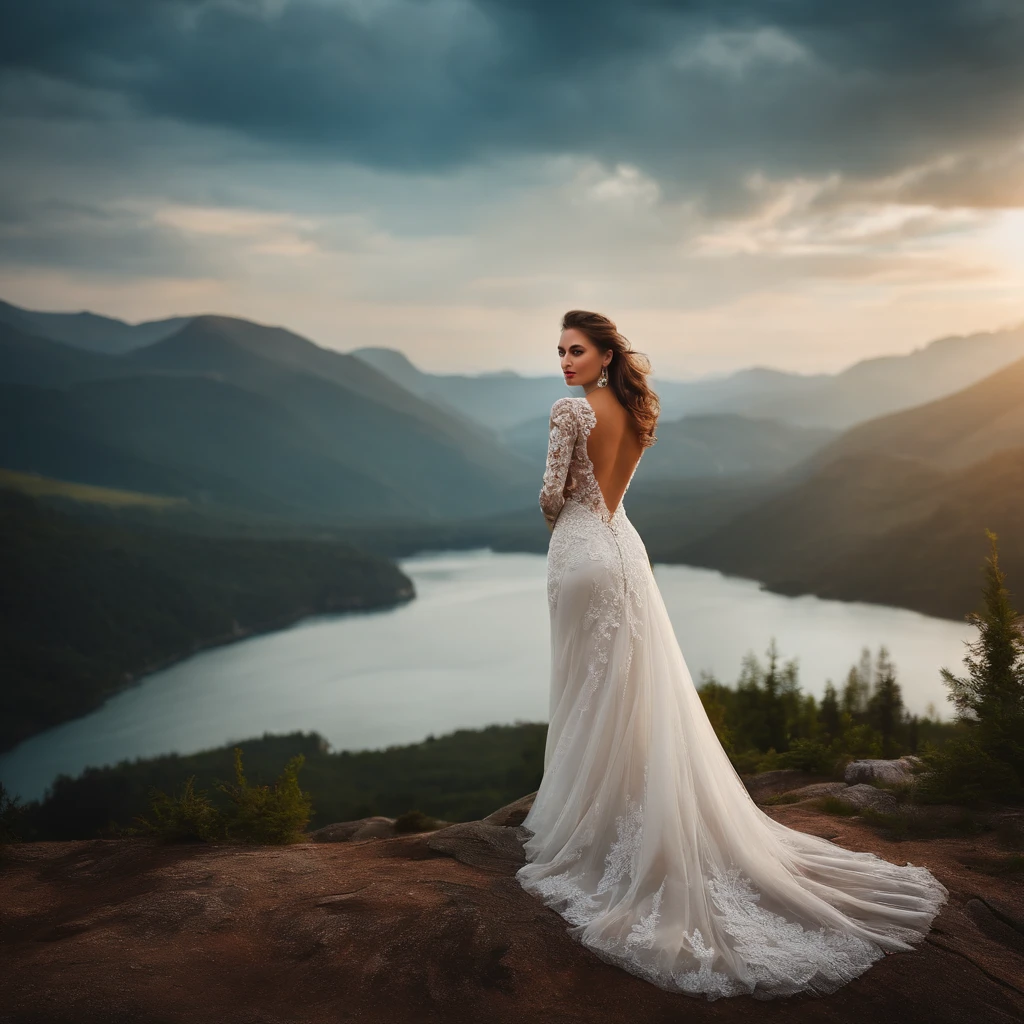 Beautiful girl in wedding dress, scenic landscape, Fashion model