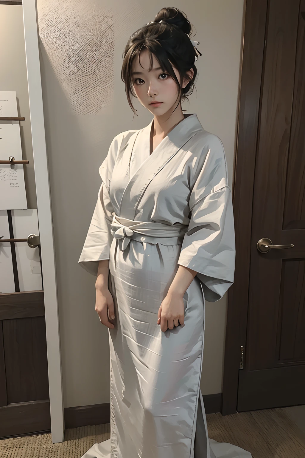 ((Masterpiece,Best quality, high resolution)), 1girll, Solo, The light is gentle，1 girl in a gray yukata，（white sash），((burlap))，（Female prisoners），With a petite figure，brunette color hair，hair-bun，Stand in a gloomy prison，Stand up，Full body like，streaming tears，Clothing covers the whole body，folds，solid color backdrop，（binding），（rope）