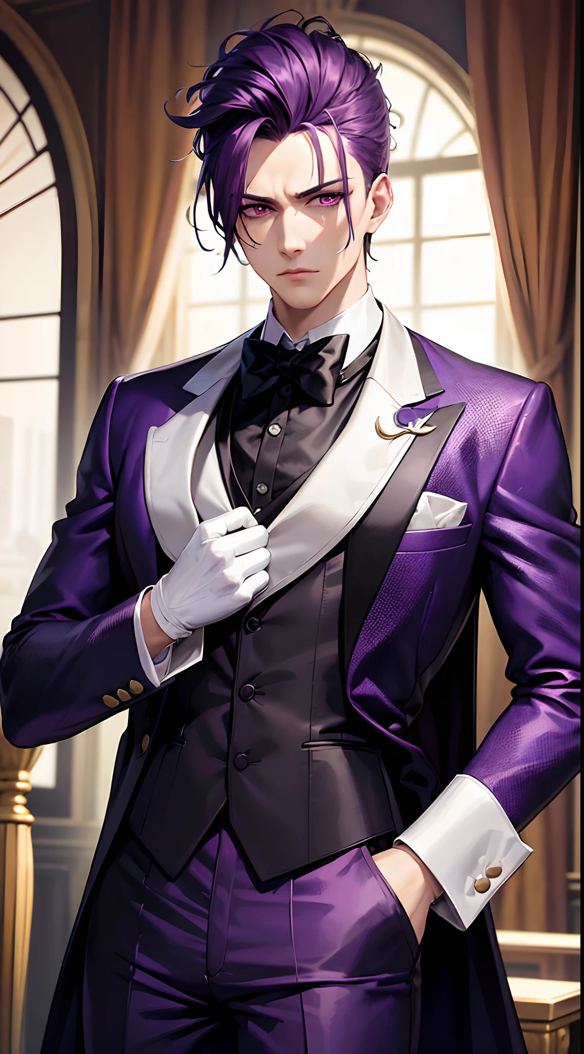 8k, masterpiece, extreme detail, expressive clothing, expressive hair, expressive face, 1male, purple hair, magenta eyes, tuxedo, white gloves, black pants, serious, luxury, mansion