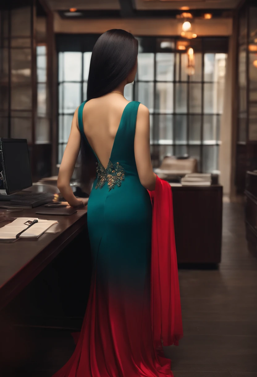 Back view of office lady with straight black hair super long hair