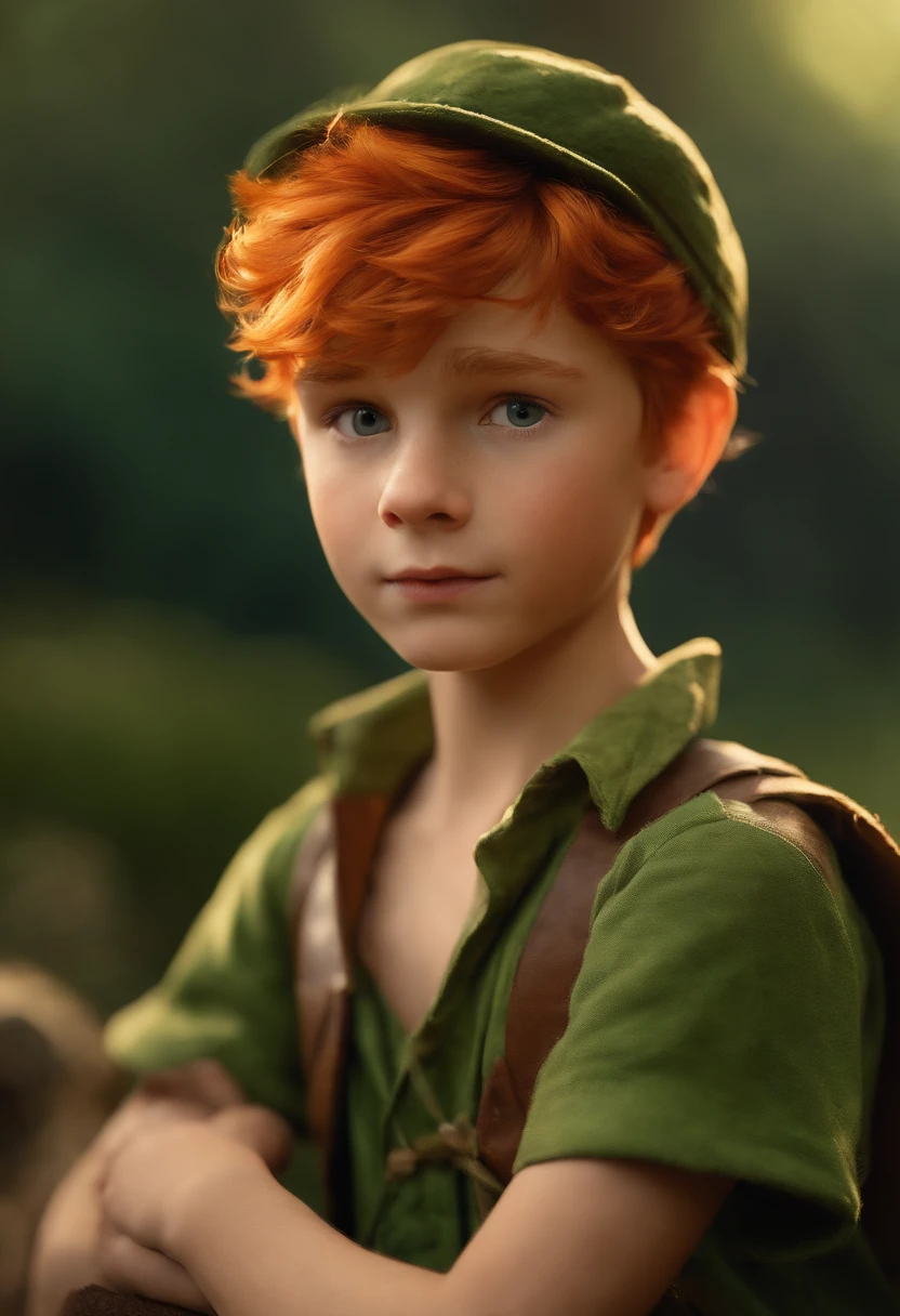 masterpiece, best quality, 1boy, peter pan, solo, closeup, short hair, orange hair, green collared shirt, short sleeves, hat feather, male focus, pointy ears,upper body