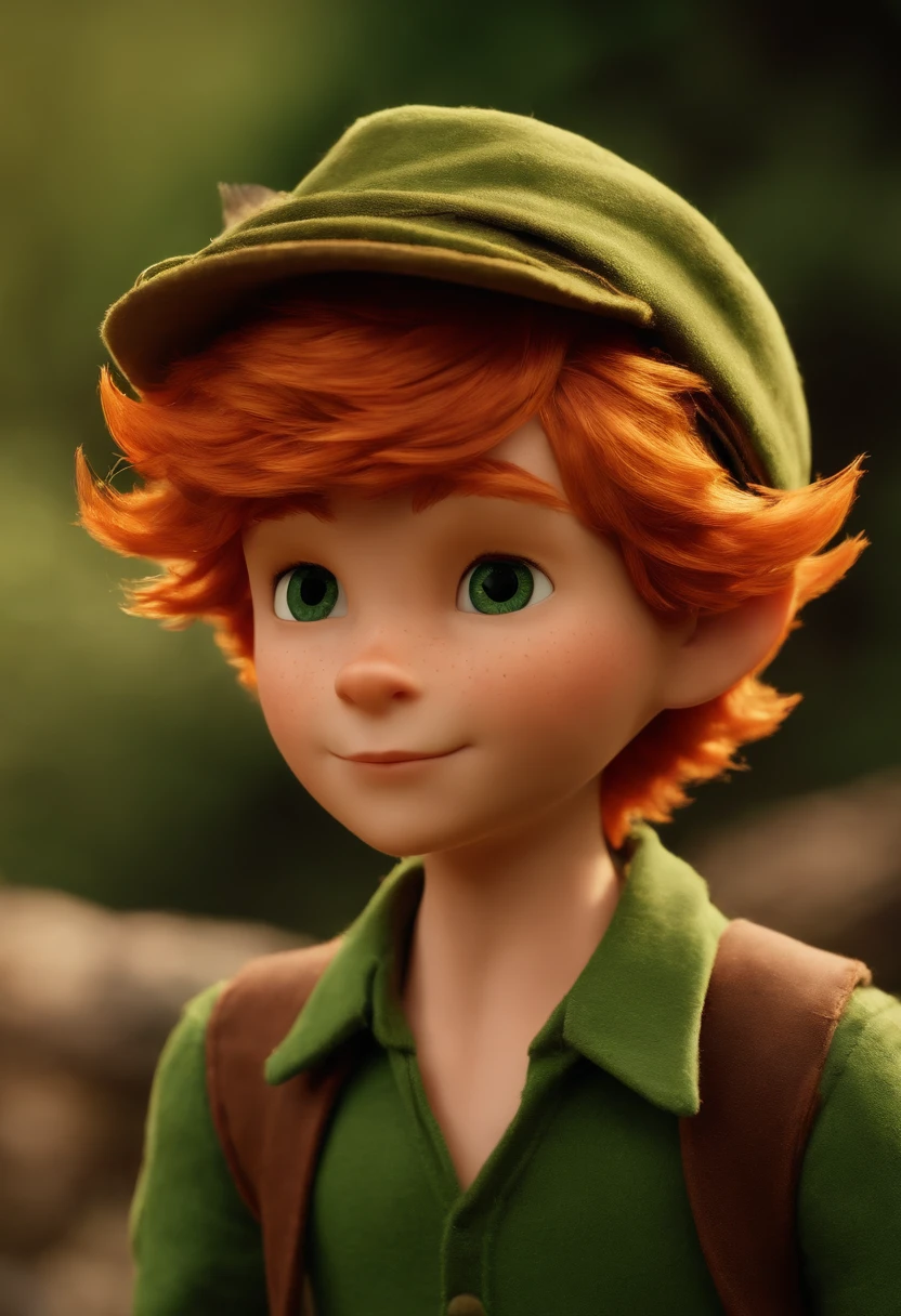 masterpiece, best quality, 1boy, peter pan, solo, closeup, short hair, orange hair, green collared shirt, short sleeves, hat feather, male focus, pointy ears,upper body