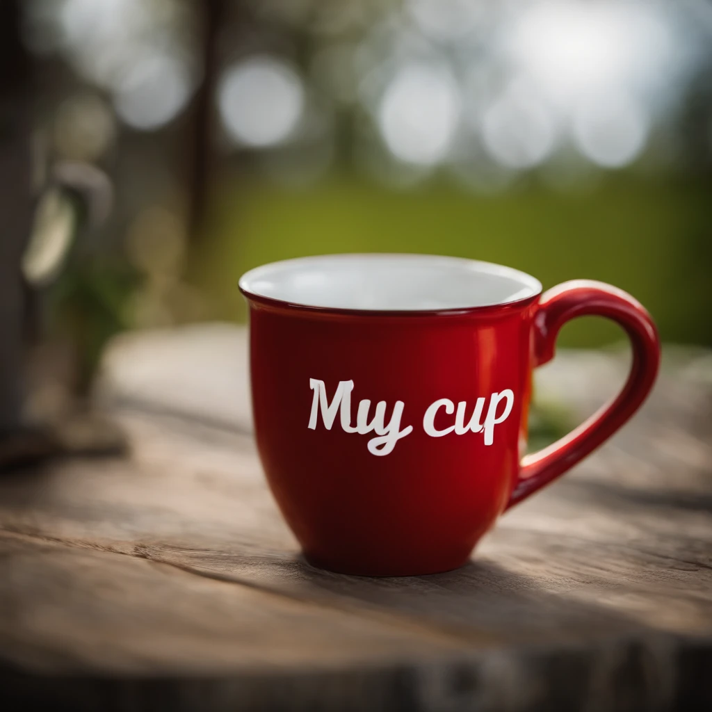 an extreme closeup shot：A delicate red mug，The cup has the white word "MY CUP" on it，Depth of field 1.8，Right light