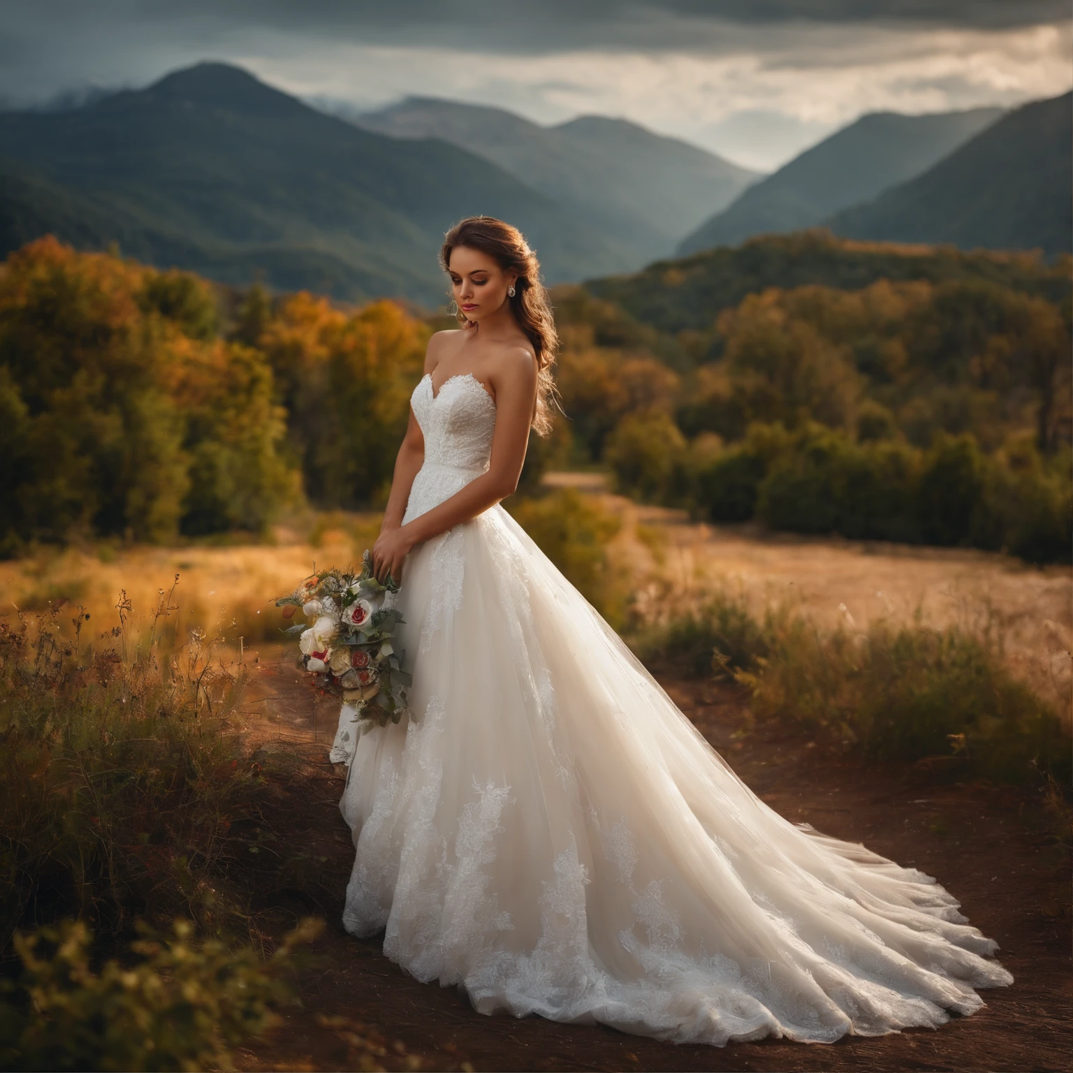 Beautiful girl in wedding dress, scenic landscape, Fashion model