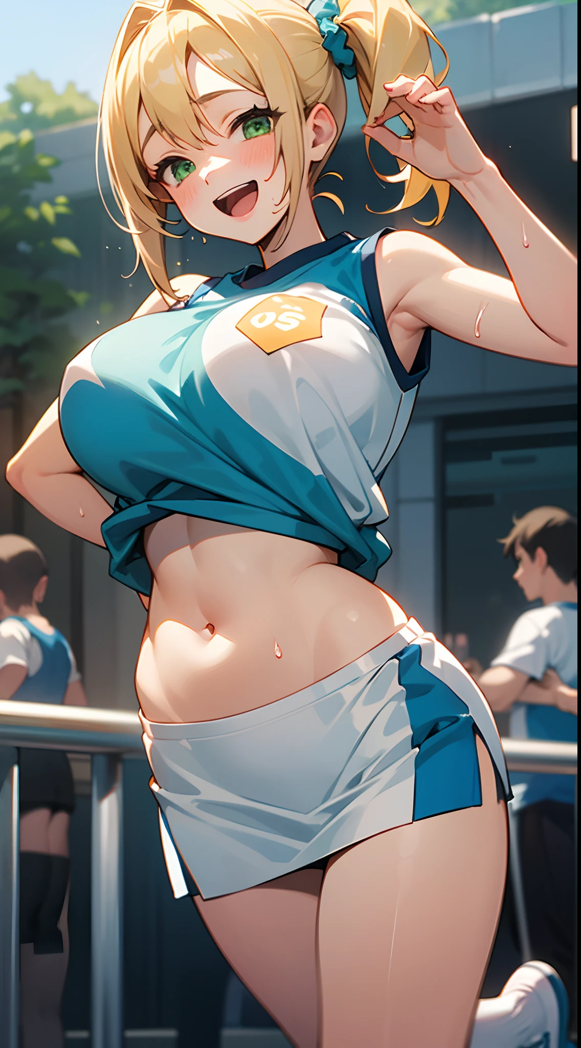 1 girl, game CG, see-through sleeveless blue gym uniform, belly button visible, short white skirt, hair scrunchie, gigantic breasts, blonde, middle hair, side ponytail, green eyes, outdoor, jumping, sweat, smile, open mouth,
