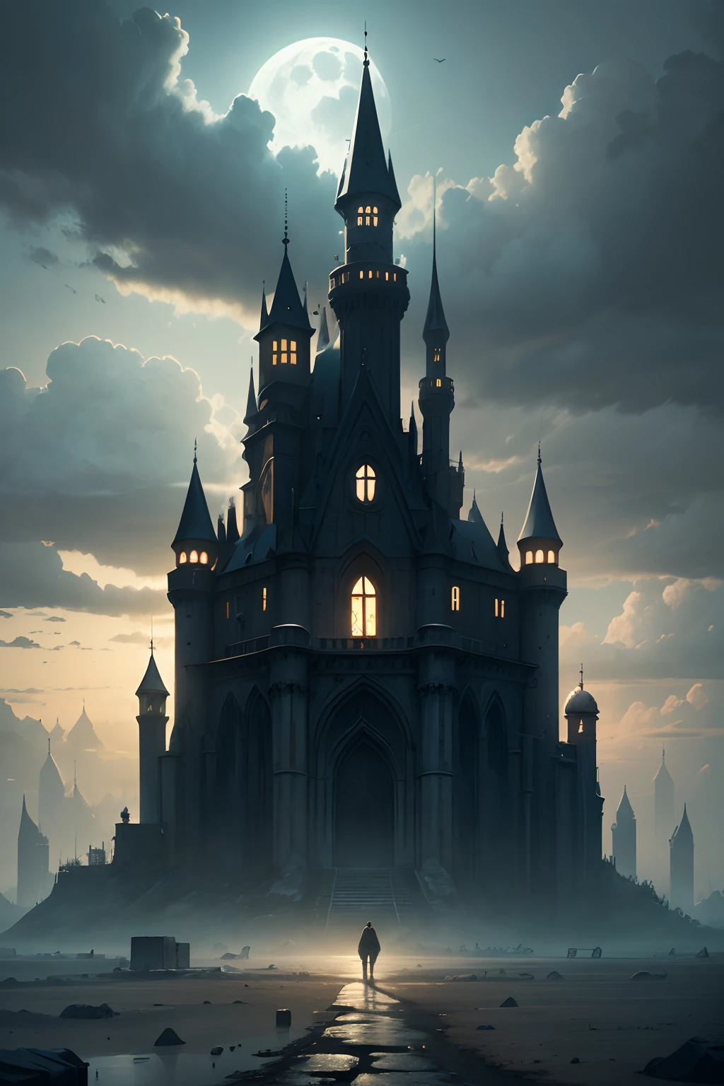 Breathtaking gothic punk style art,A fantasy fortress is depicted in the moonlight. The architecture of the fortress is inspired by the Gothic design of the Castlevania design, Com detalhes intrincados e cores escuras. The atmosphere is sinister and terrifying, The presence of bats and menacing clouds in the sky is reinforced. A imagem tem cores ricas e intensas e texturas de areia, Create a post-apocalyptic background,Entice your audience. This high-quality artwork is perfect for Gothic and fantasy-themed projects, Provides a sense of mystery and darkness,illustration,pintura digital