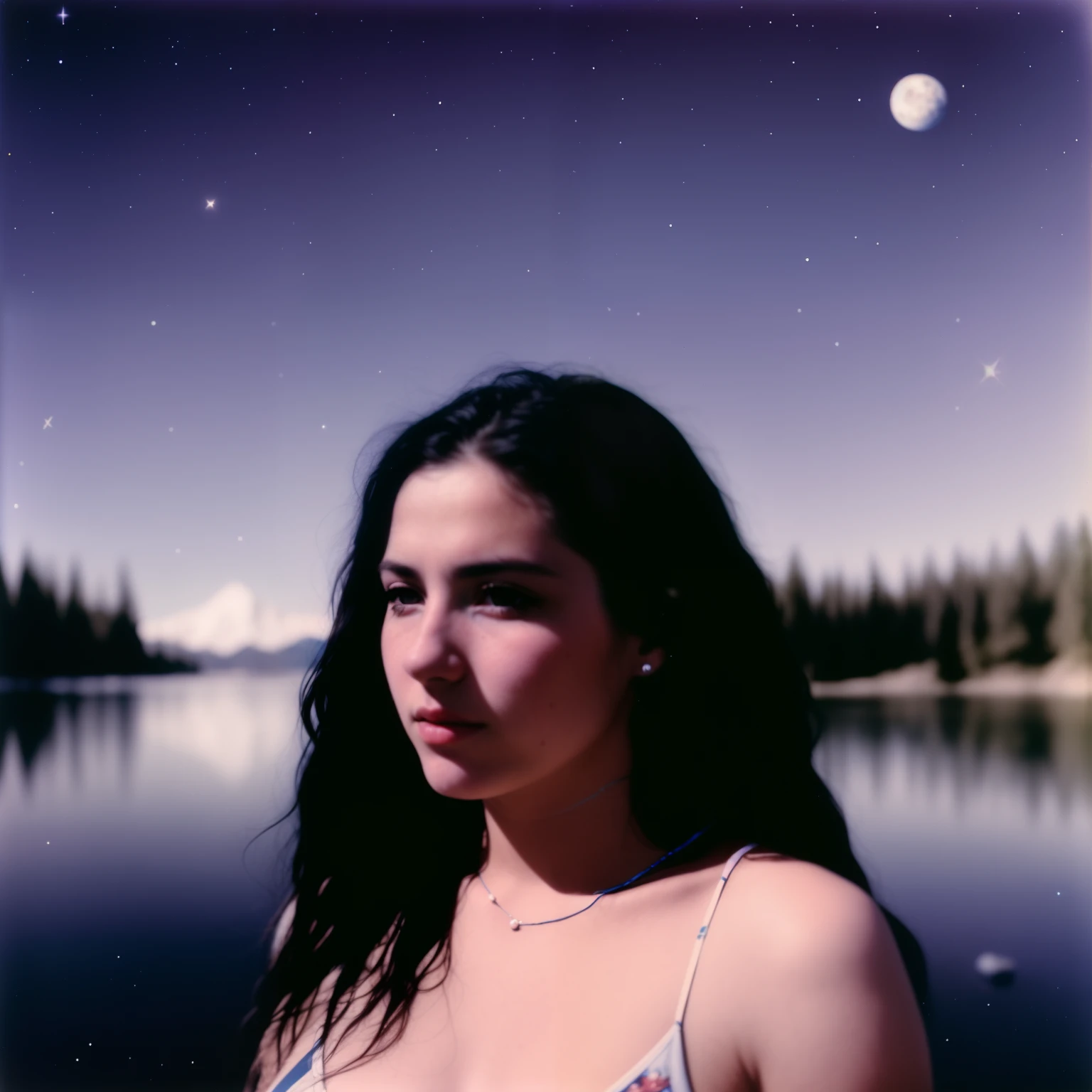 There's a woman standing in front of a lake, photographed on colour film, portrait of a cosmic goddess, photographed on expired film, Tomada con Polaroid Kodak Portra, photographed on damaged film, « Femme on a galactic shore, Retrato de perla autocromada, a still of an ethereal, inspirado por Elsa Bleda, Color Film Photography