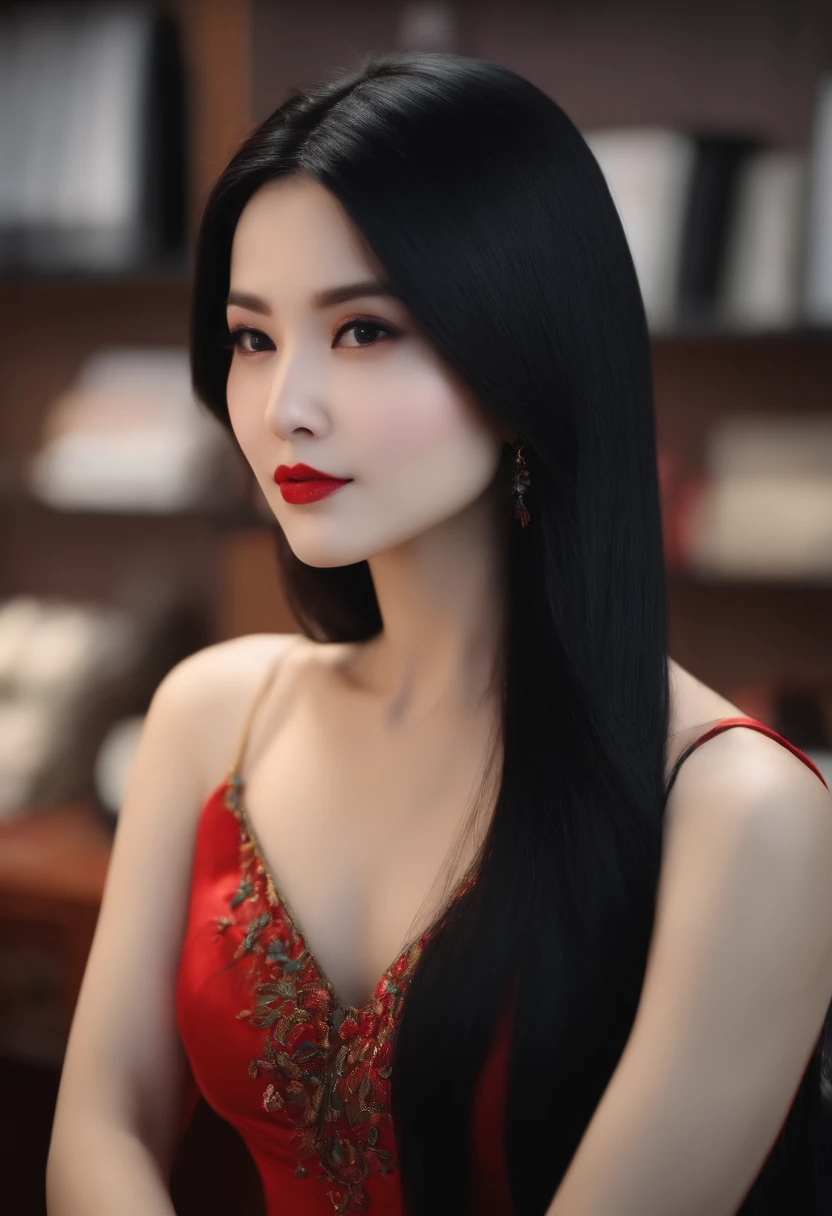 Office lady with straight black hair super long hair