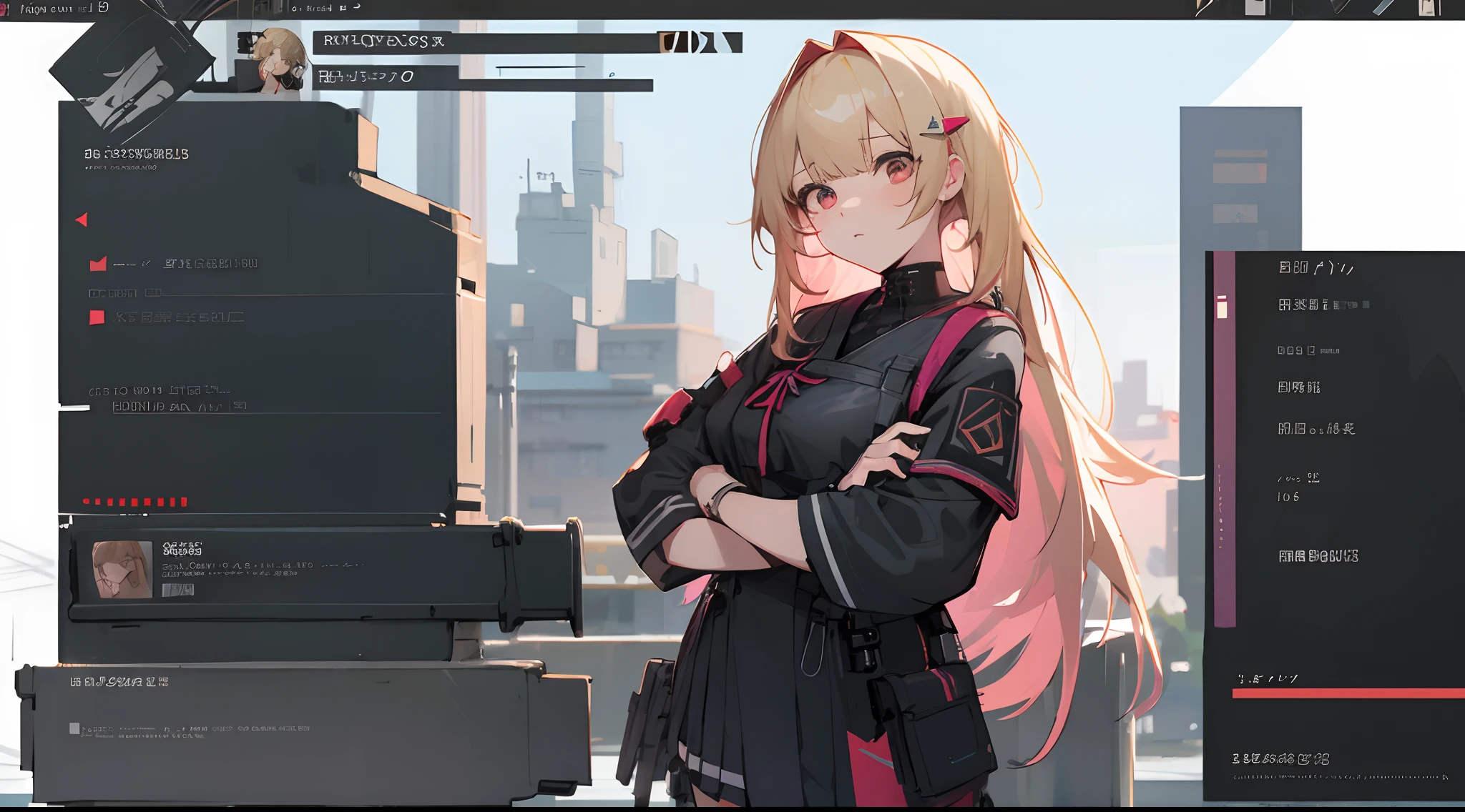 nime characters，Provide various poses and accessories for your character, girls frontline style, Kantai collection style, ite girl, blonde hair, blonde woman, hairlong, bright pink eyes, pastel colours, big breastes, Cute hair clips, tattoos on body, bracelets on hands, The clothes: Modern clothes, Cyberpunk outfit, from girls frontline, Fine details. Girl Front, Girls Frontline CG, girls frontline universe, 《azur lane》role, azur lane style, trending on artstation pixiv, JK school uniform, ( ( concept art of character ) ), A scene from the《azur lane》videogame