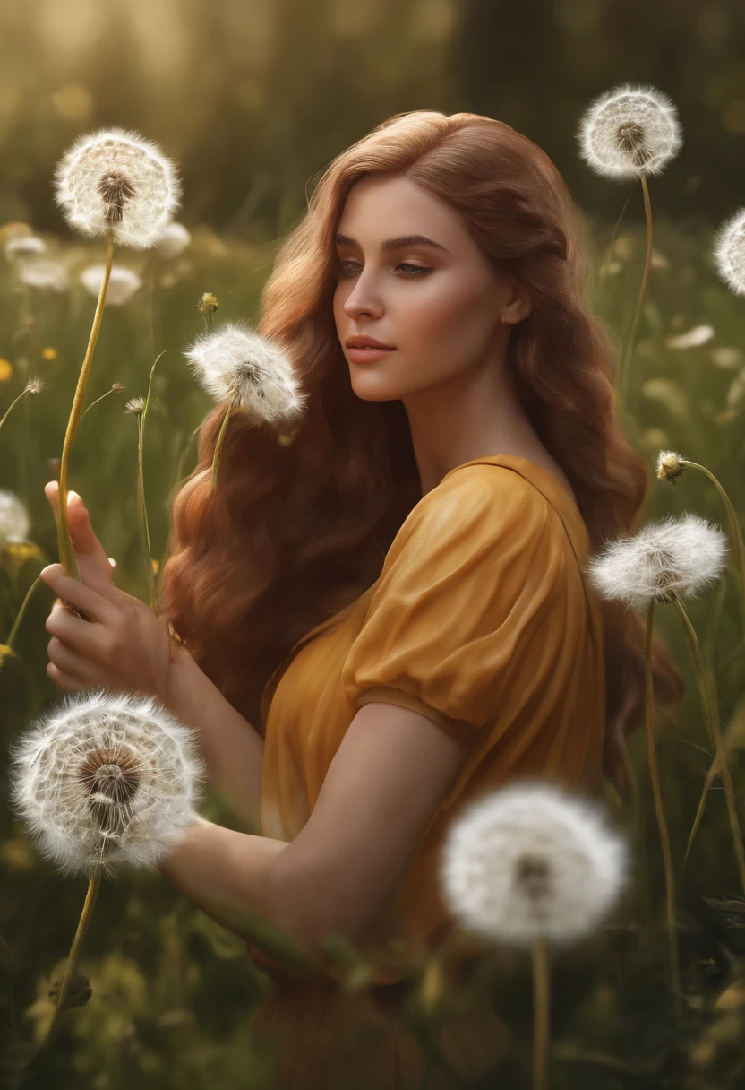 jovem mulher, cabelos castanhos, She's smelling a white dandelion flower she picked in a field of flowers, dia ensolarado, frescor, Natureza, sol, Realistic, 8k, full body resolution concept art, Realistic, pintura fosca detalhada, cor profunda, genial, detalhes intrincados, tela inicial, cores complementares, arte conceitual de fantasia, 8k resolution trending on Artstation Unreal Engine 5"