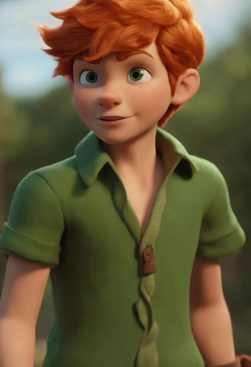 Masterpiece, Best quality, 1boys, Peter pan, Solo, closeup cleavage, Short hair, Orange hair, Green-collared shirt, Short sleeves, hat feather, Male focus, Pointy ears,Upper body