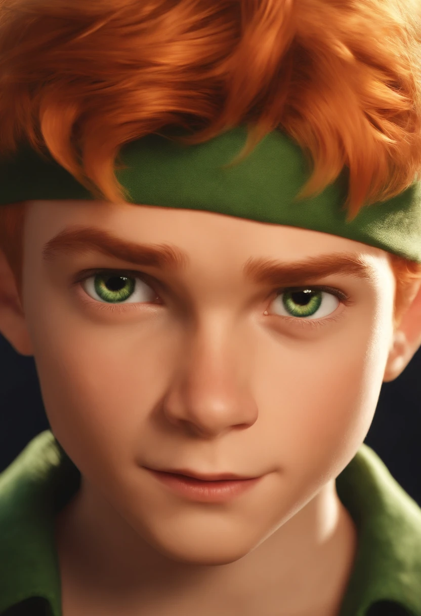 Masterpiece, Best quality, 1boys, Peter pan, Solo, closeup cleavage, Short hair, Orange hair, Green-collared shirt, Short sleeves, hat feather, Male focus, Pointy ears,Upper body