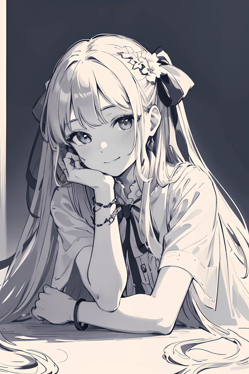 masterpiece, best quality, 1girl, solo, long_hair, looking_at_viewer, smile, dress, ribbon, jewelry, very_long_hair, hair_ribbon, flower, bracelet, two_side_up, hand_on_own_face, head_rest, hand_on_own_cheek, lineart, monochrome,