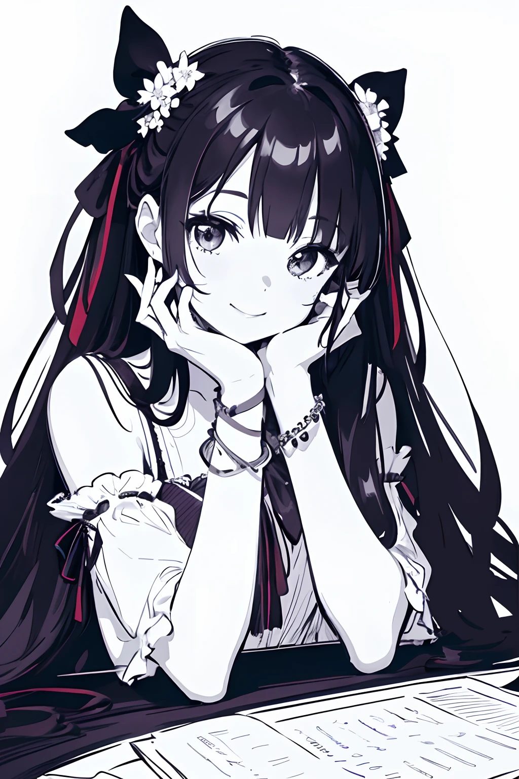 masterpiece, best quality, 1girl, solo, long_hair, looking_at_viewer, smile, dress, ribbon, jewelry, very_long_hair, hair_ribbon, flower, bracelet, two_side_up, hand_on_own_face, head_rest, hand_on_own_cheek, lineart, monochrome,