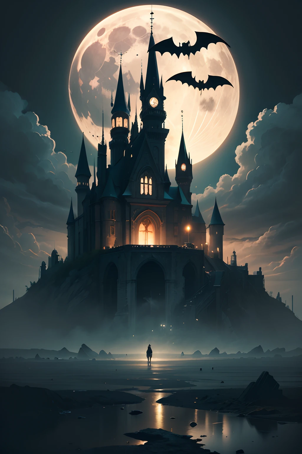 Breathtaking gothic punk style art,A fantasy fortress is depicted in the moonlight. The architecture of the fortress is inspired by the Gothic design of the Castlevania design, Com detalhes intrincados e cores escuras. The atmosphere is sinister and terrifying, The presence of bats and menacing clouds in the sky is reinforced. A imagem tem cores ricas e intensas e texturas de areia, Create a post-apocalyptic background,Entice your audience. This high-quality artwork is perfect for Gothic and fantasy-themed projects, Provides a sense of mystery and darkness,illustration,pintura digital