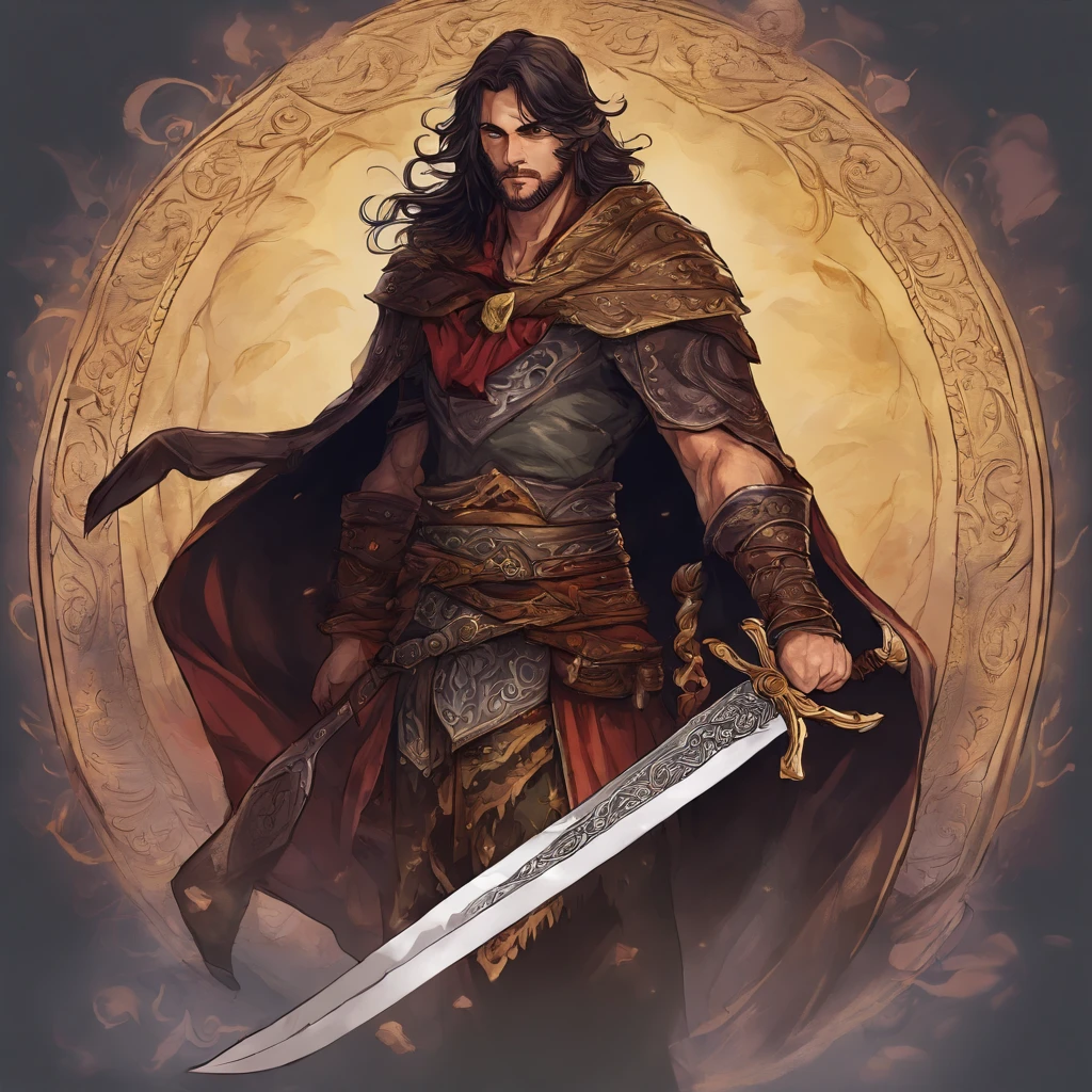 Homen segurando uma espada,capuz com capa preta