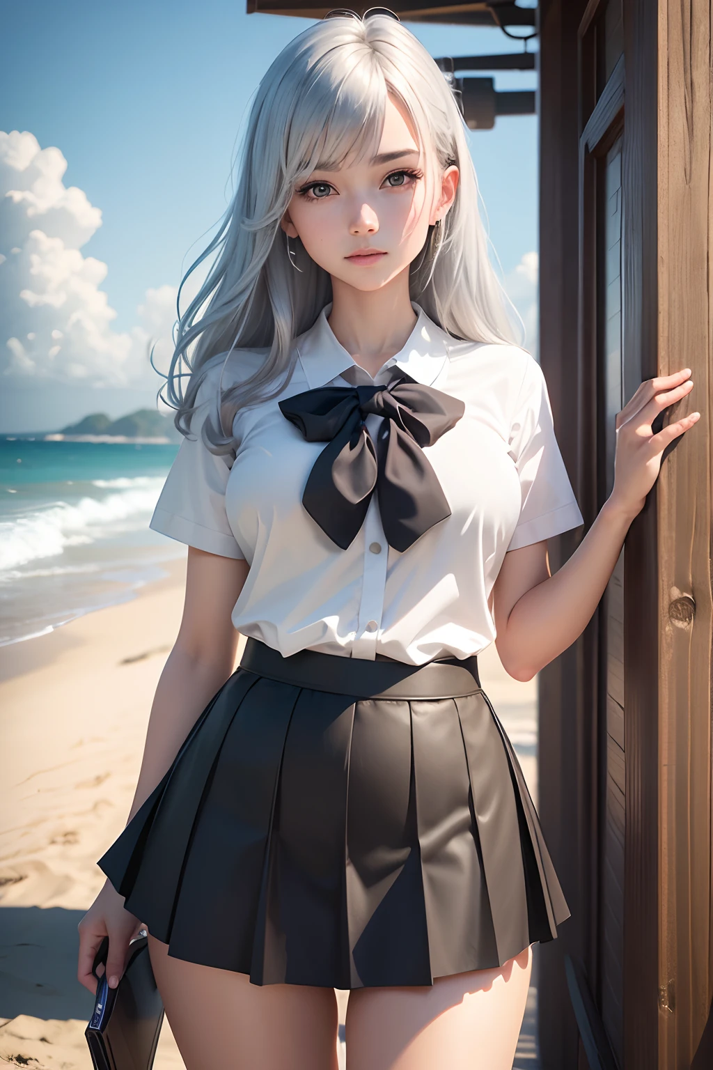 masterpiece:1.2, highres, ultra-detailed, realistic:1.37, vibrant colors, professional, solo, outdoors, detailed CG unity, beautiful face, curtain hair, tan school uniform, black skirt, loose white socks, beach background, silver hair
Please output the corresponding prompt。