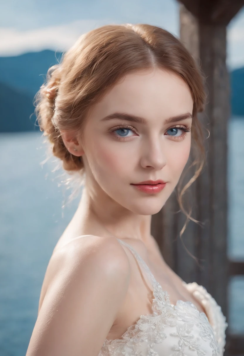 1 beautiful girl, (Realistic:1.3) (full bodyesbian:1.3), standing photo, Stand in front of the blue lake, White wedding dress, Soft dress, blond hairbl, Blue eyes, Wavy hair, Masterpiece, diffused soft lighting, Portrait, Best quality (Perfect face:1.4), Ultra-realistic Highly detailed, Complex and realistic simulation style photos, Cinematic lighting, studio shoot, Elegant Pose