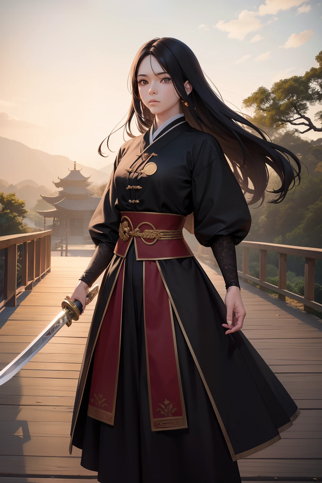 Divindade de cabelos longos sedosos, cabelos negros, olhos astutos, usando uma roupa sensual hunfa antiga Wuxia, voluptuosa fisicamente, seios grandes,athletic size, roupas cor vermelhas, holding with one hand a Wu Dang sword,at first crossing a wooden bridge (cena detalhada, Filmes, natural lightting)
