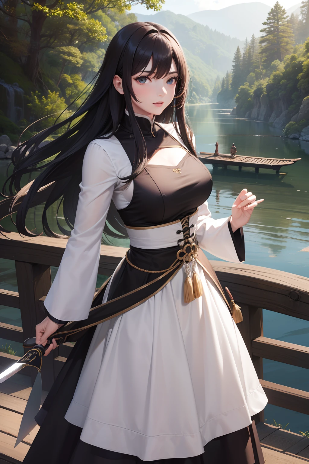 Divindade de cabelos longos sedosos, cabelos negros, olhos astutos, usando uma roupa sensual hunfa antiga Wuxia, voluptuosa fisicamente, seios grandes,athletic size, roupas cor vermelhas, holding with one hand a Wu Dang sword,at first crossing a wooden bridge (cena detalhada, Filmes, natural lightting)