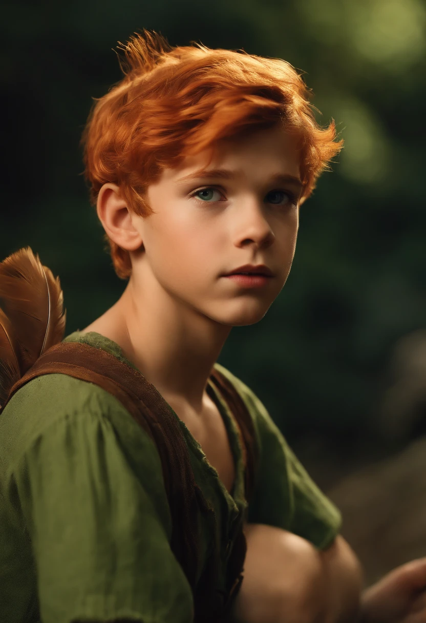 Masterpiece, Best quality, 1boys, Peter pan, Solo, closeup cleavage, Short hair, Orange hair, Green-collared shirt, Short sleeves, hat feather, Male focus, Pointy ears,Upper body