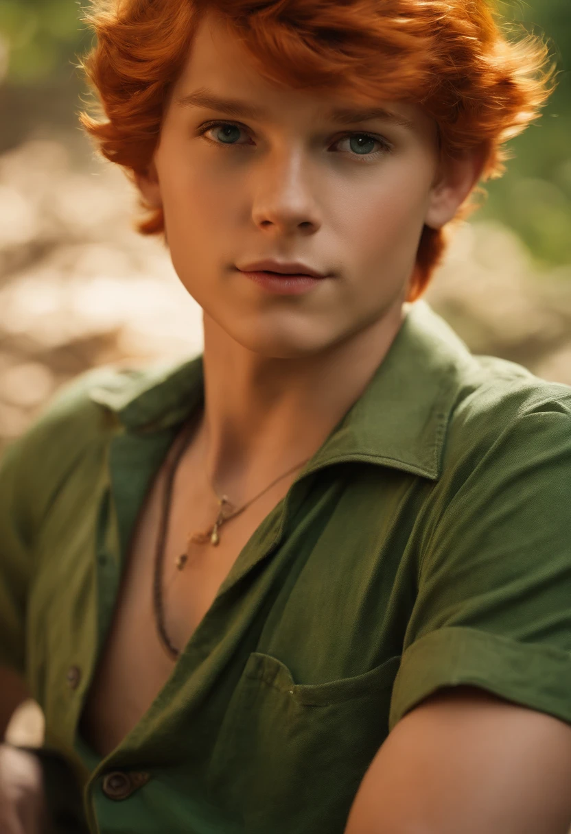 Masterpiece, Best quality, 1boys, Peter pan, Solo, closeup cleavage, Short hair, Orange hair, Green-collared shirt, Short sleeves, hat feather, Male focus, Pointy ears,Upper body