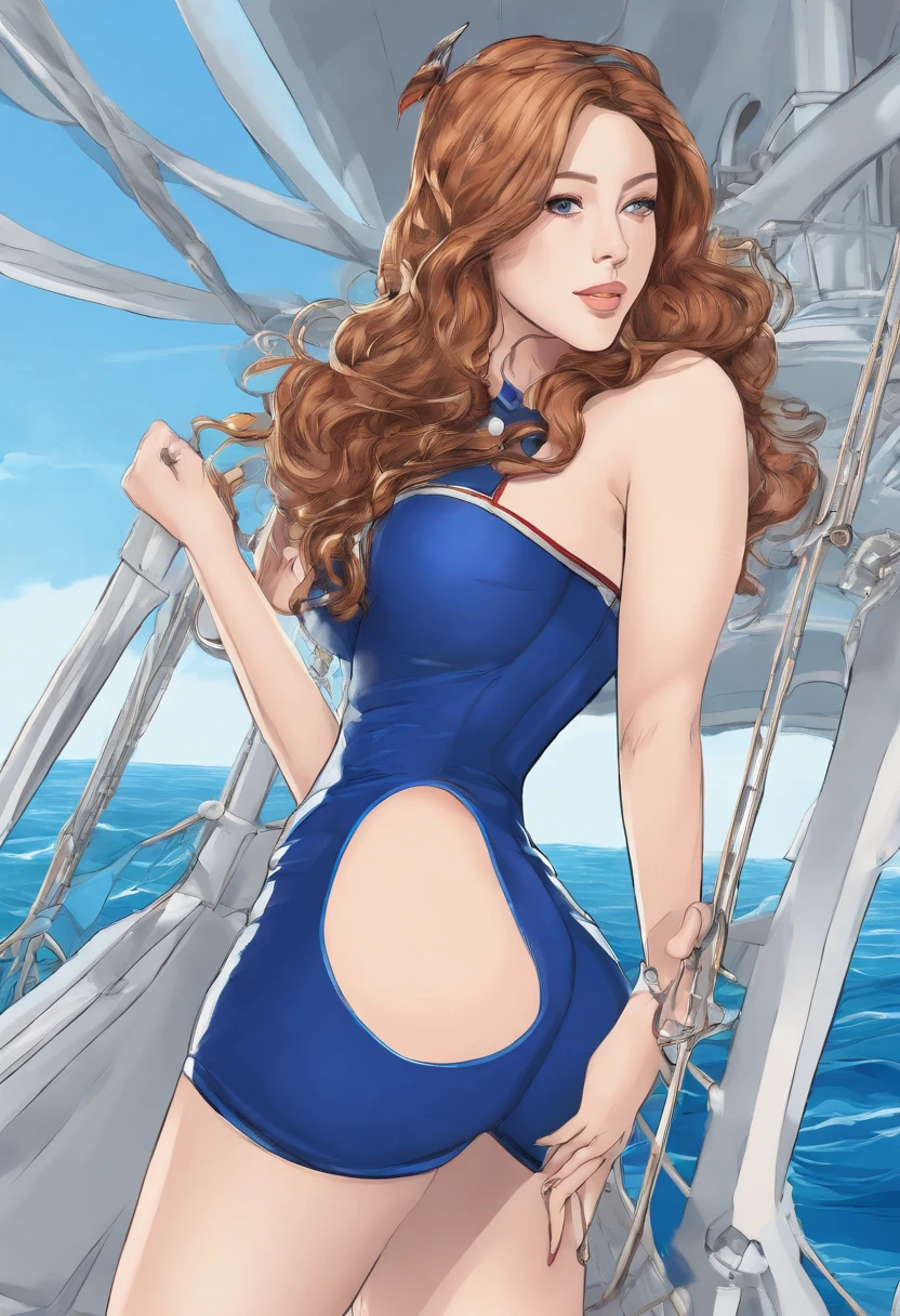 a submissive bitch with wide hips, a huge (tight) ass, thin waist and huge breasts wearing high-heels bent over the deck rail of the SS Iluminassi