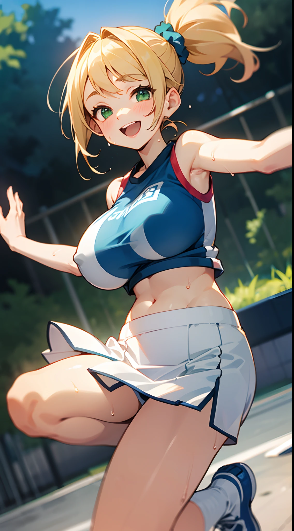 1 girl, game CG, see-through sleeveless blue gym uniform, belly button visible, short white skirt, hair scrunchie, gigantic breasts, blonde, middle hair, side ponytail, green eyes, outdoor, jumping, sweat, smile, open mouth, raise your arms,